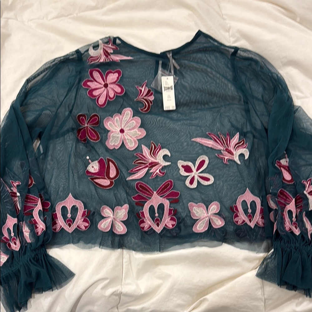 NWT by Anthropologie Floral Embroidered mesh Top - Teal/Pink size 2x